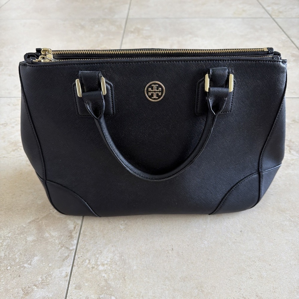 Tory Burch Robinson Double Zip Tote Bag Black Purse Leather Classic Work